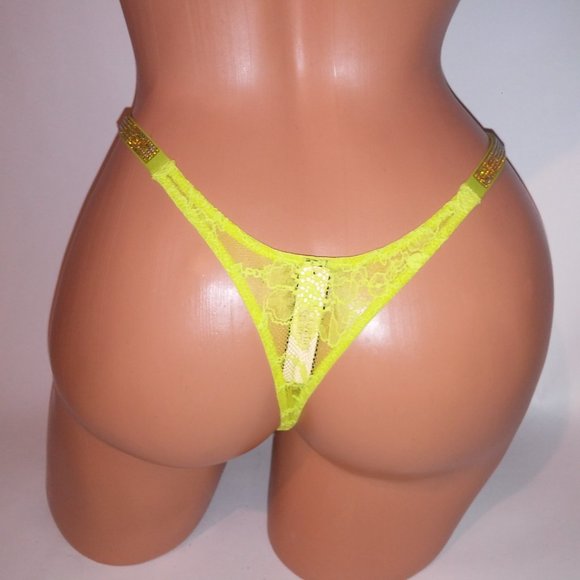 Victoria Secret Bra Set 36C Push Up Medium Thong Panty Yellow-Green Shine Strap - Picture 12 of 12